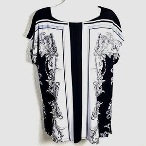 Jones New York Black, White & Gray Top w/Swirly Designs, Batwing Sleeve,Sz Large